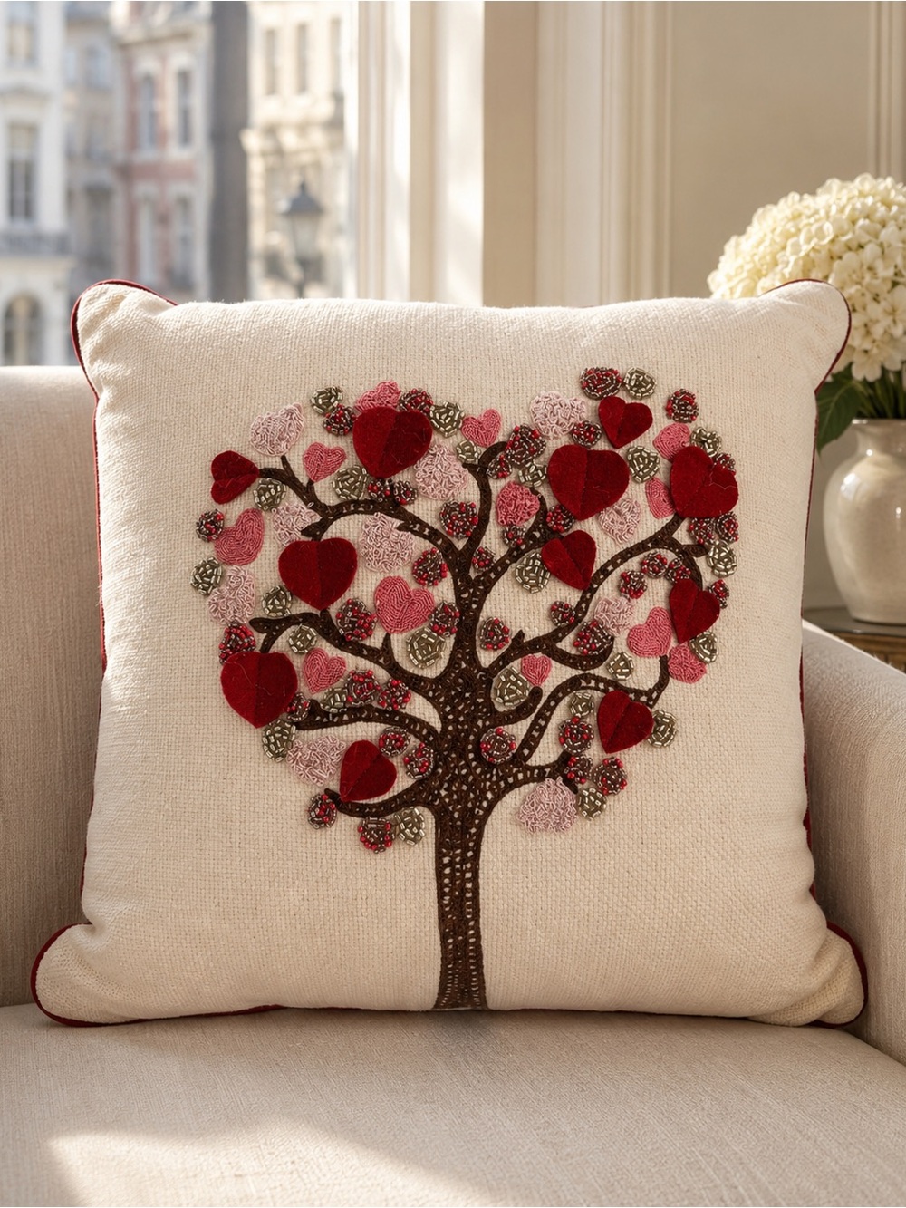 Vintage Pier 1 Heart Tree Pillow Beaded Embroidered Red Velvet Accent Pillow